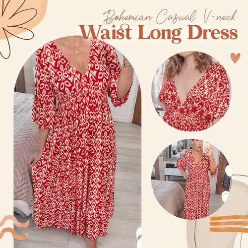 JanyDress - Bohemian casual print V-neck shirred waist long dress