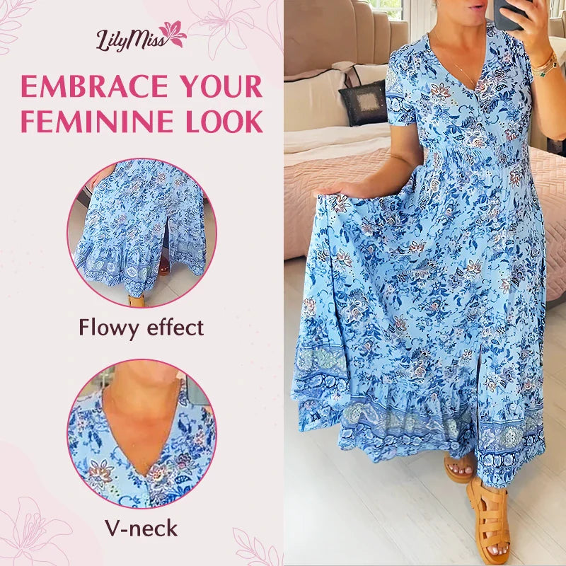 LilyMiss - Floral casual print V-neck shirred waist long dress