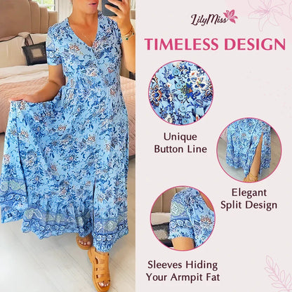 LilyMiss - Floral casual print V-neck shirred waist long dress