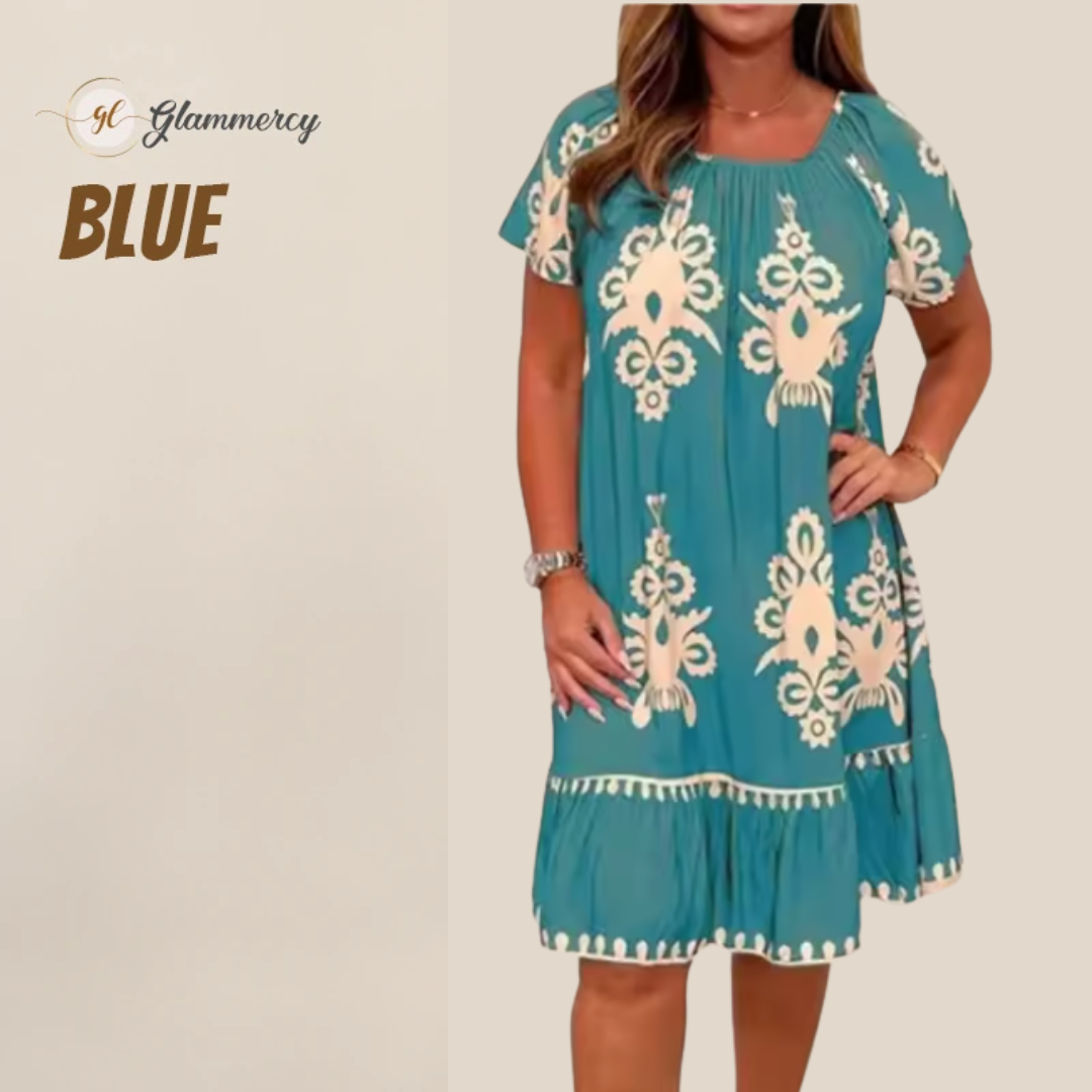 Glammercy - Geometric Pattern Multi Print Round Neck Dress